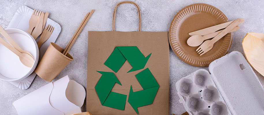 Reusable food packaging surrounding brown paper bag with green Recycle symbol